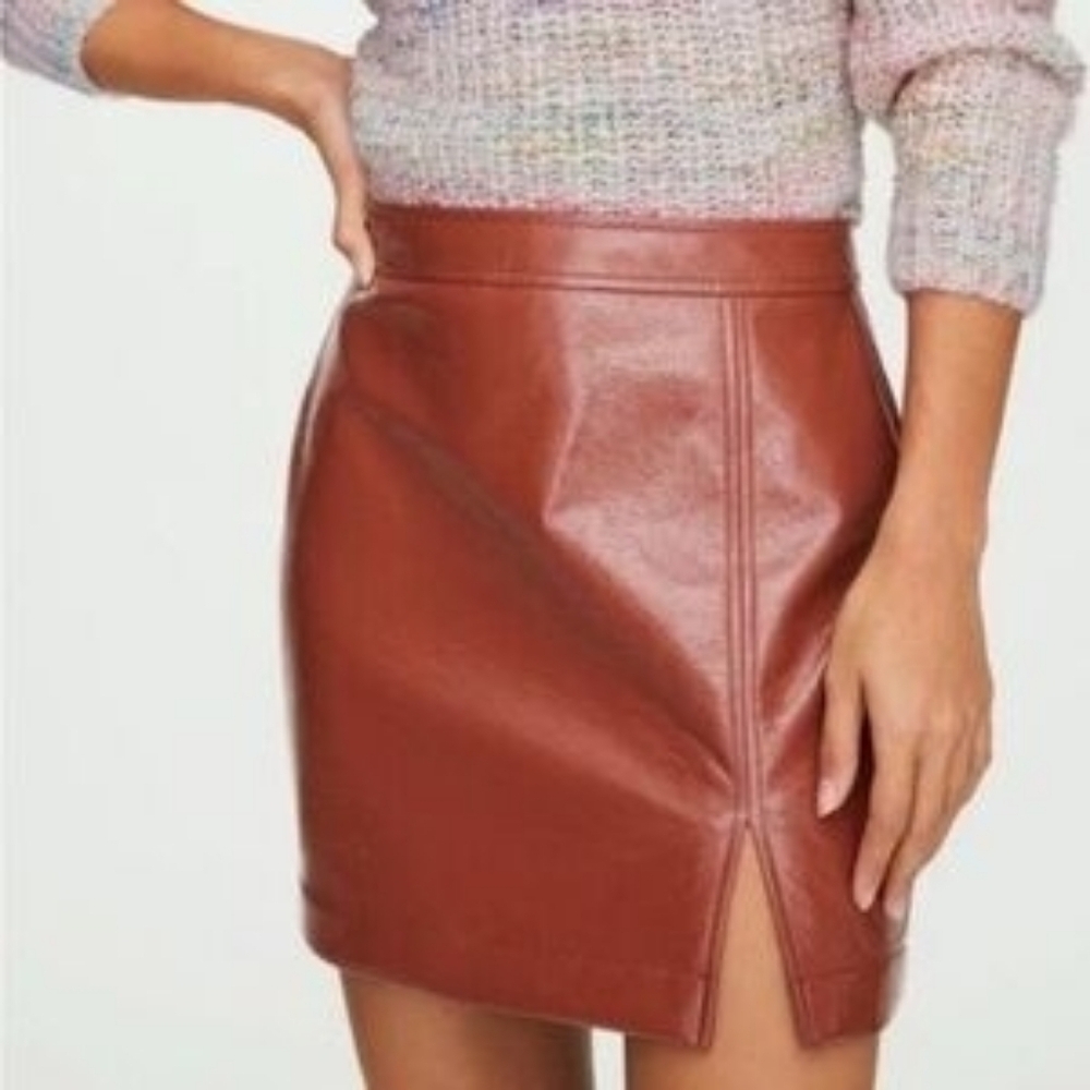 Wilfred Aritzia Faux Leather Mini Skirt Brown High Waist Slit Size 8